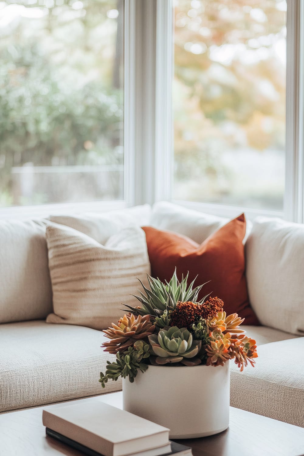 A bright and airy living room features a light-colored sofa with orange and beige throw pillows. In front of the sofa, a wooden coffee table holds a white pot filled with various succulents, and a stack of two books. Large windows in the background let in ample natural light and offer views of greenery outside.