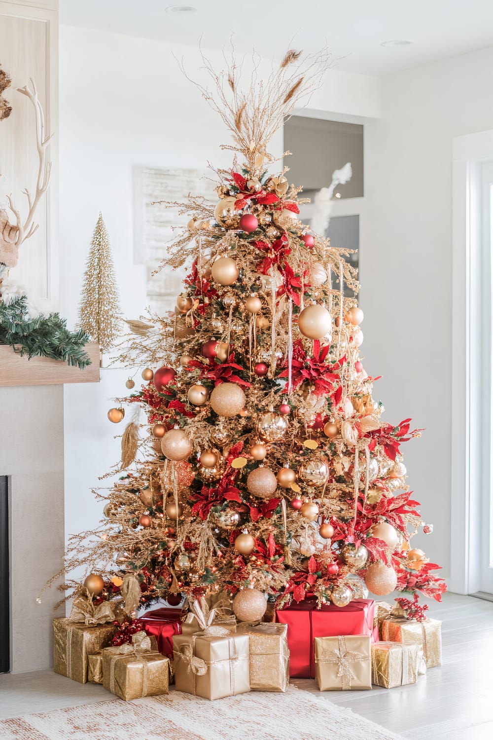 A luxuriously decorated Christmas tree adorned with golden pine needles, shiny gold and red ornaments, and red poinsettias. At the base of the tree are an array of beautifully wrapped gifts in gold, red, and glittery paper. The backdrop includes a warm fireplace with holiday greenery and abstract decorations on the mantelpiece, adding to the festive ambiance.