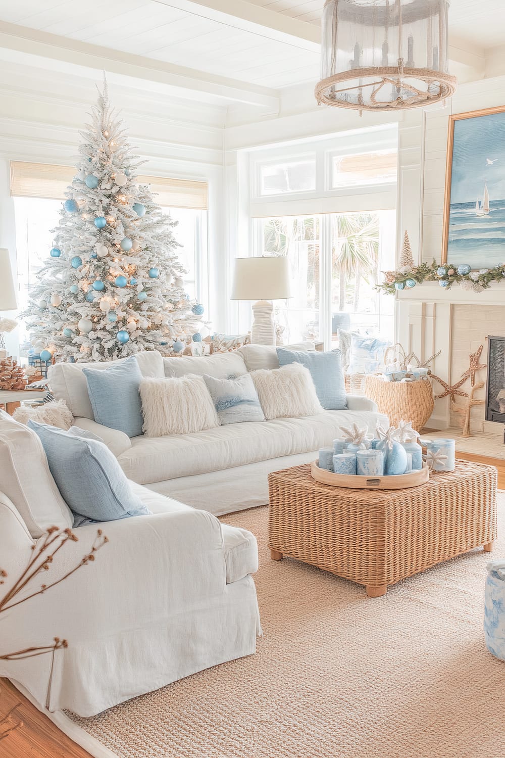 A living room with coastal Christmas decor. A white, flocked Christmas tree adorned with blue and white ornaments stands near a large window, with light filtering through sheer curtains. The room features white sofas with textured pillows in soft blue and white hues. A wicker coffee table holds a tray of candles in blue and white starfish shapes. Two table lamps flank the sofa. The fireplace is decorated with a garland of greenery and blue ornaments, and a beach scene painting hangs above. Natural elements like starfish and coral add to the coastal theme.