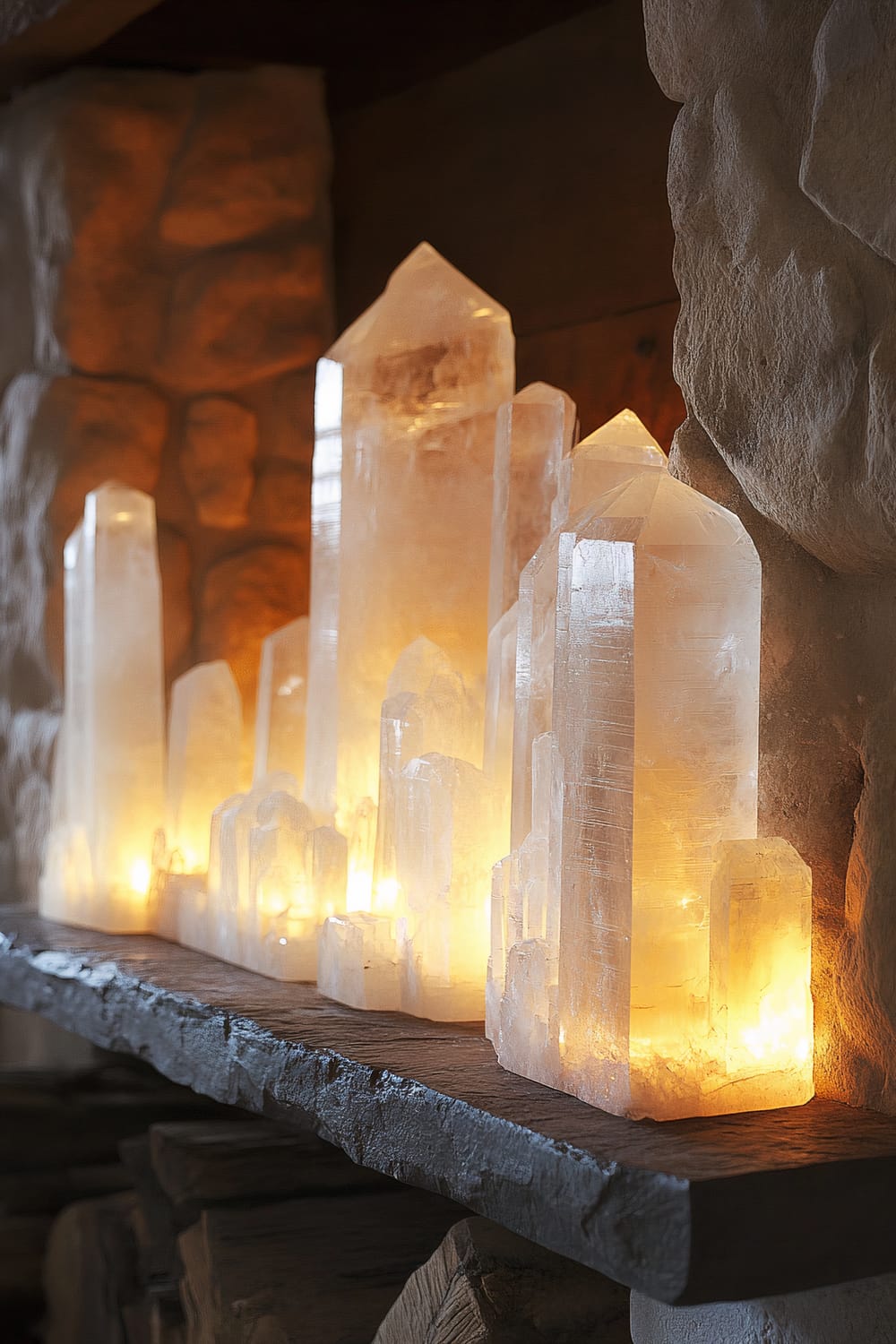 A display of large, illuminated quartz crystals arranged on a stone shelf, set against a rustic stone wall background.