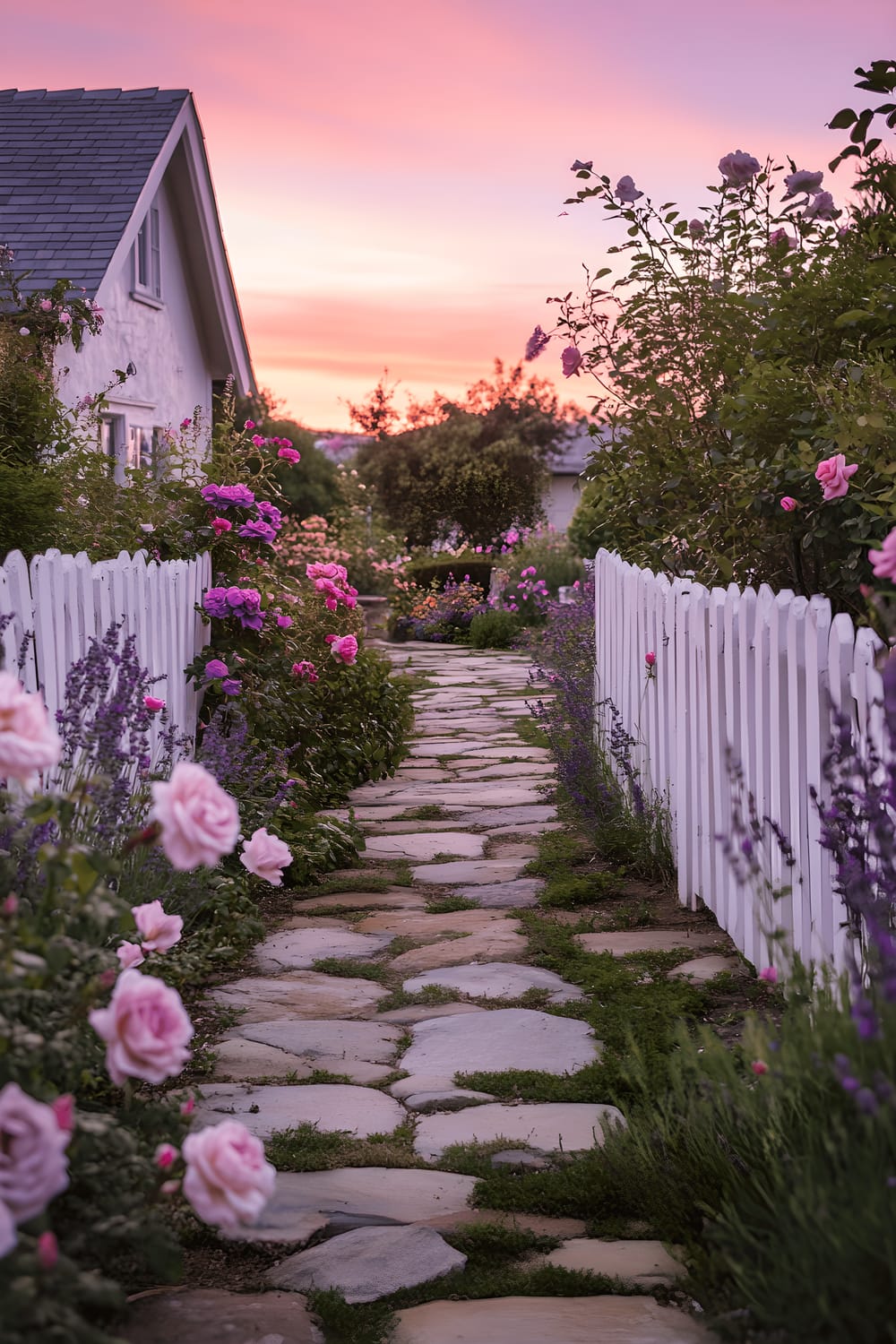 A gardened pathway made of stone, bordered by a white picket fence with lavender and pink roses growing abundantly over the edges, leading to a quaint home in the distance. The scene is bathed in the gentle colors of a soft pink sunset, creating an atmosphere of tranquility.