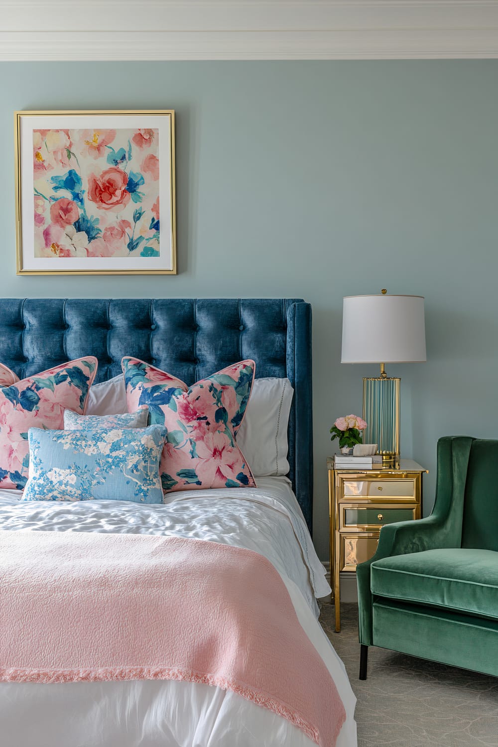 Bedroom with a blue tufted headboard, floral pillows, a bedside table with a lamp, and a green velvet chair. The walls are light blue, and above the bed is a framed floral painting. The bed features a pink blanket, white sheets, and multiple decorative pillows in pink and blue tones. A gold bedside table holds a lamp with a green base and a pink flower arrangement.