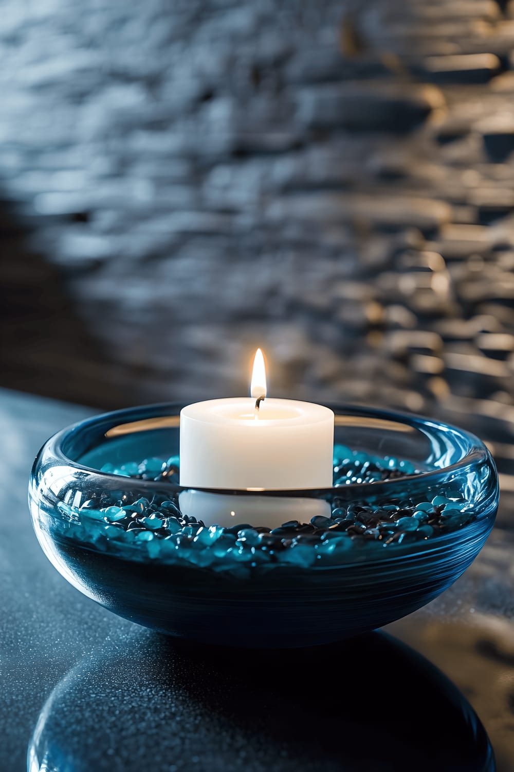 A striking dining table centerpiece consisting of a cobalt blue glass floating candle holder with brass accents, housing a single white candle. The holder floats in a shallow black ceramic bowl filled with glimmering black sand and small teal pebbles. The arrangement is placed on a polished ebony table, contrasting against a backdrop of dark slate walls with understated underlighting emphasizing the floating candle.