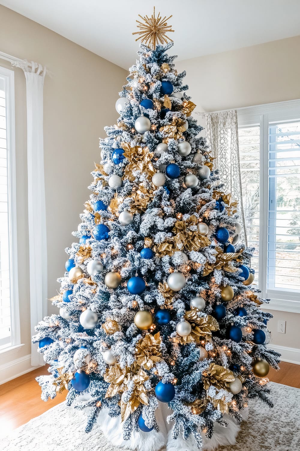 A beautifully decorated Christmas tree standing in a well-lit room with large windows. The tree is adorned with blue, gold, and silver ornaments, along with gold leaves and a sparkling gold star at the top. The branches are dusted with artificial snow, giving the tree a frosted appearance. Warm white lights are woven throughout the tree, adding a cozy glow.