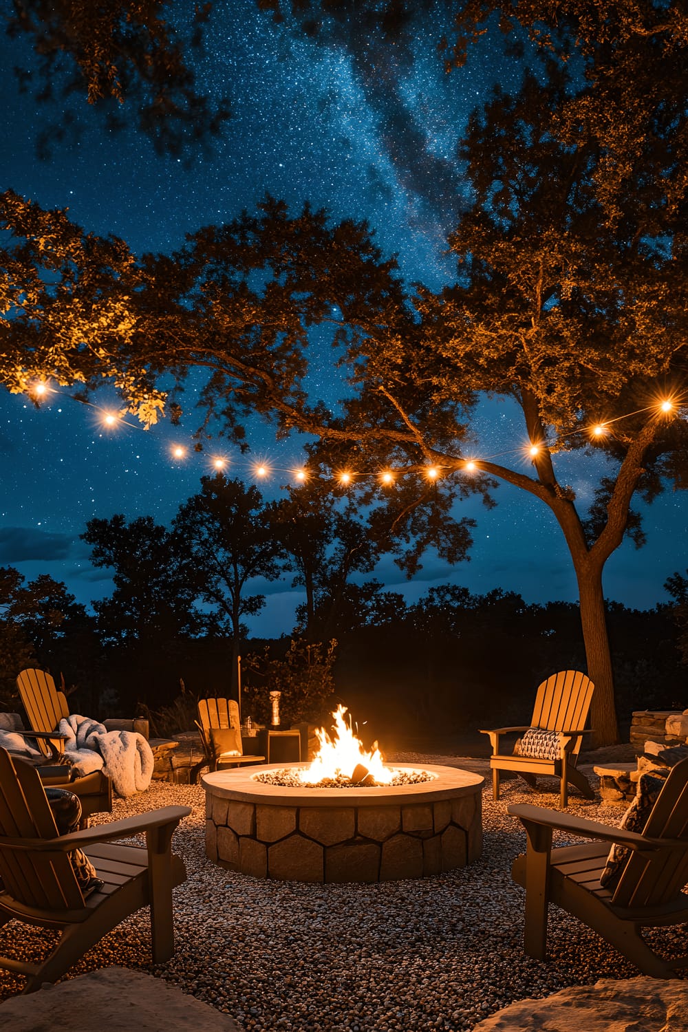 A stylish backyard patio at night. It features a circular stone fire pit in the center, surrounded by modern Adirondack chairs with cozy outdoor blankets. Above the area, warm Edison string lights are casting a comfortable glow. Crisp, star-filled night sky is stretching out in the background.