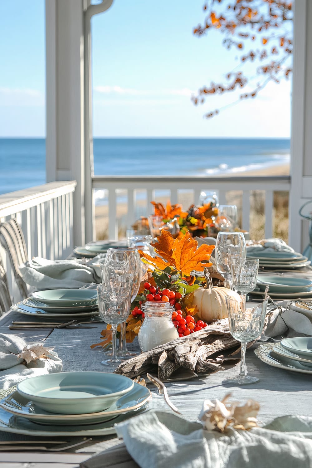 A beautifully set outdoor dining table overlooking the ocean with a beach in the background. The table is decorated with autumnal elements including leaves, berries, and driftwood. It is set with light blue plates, crystal glassware, and linen napkins, all arranged neatly.