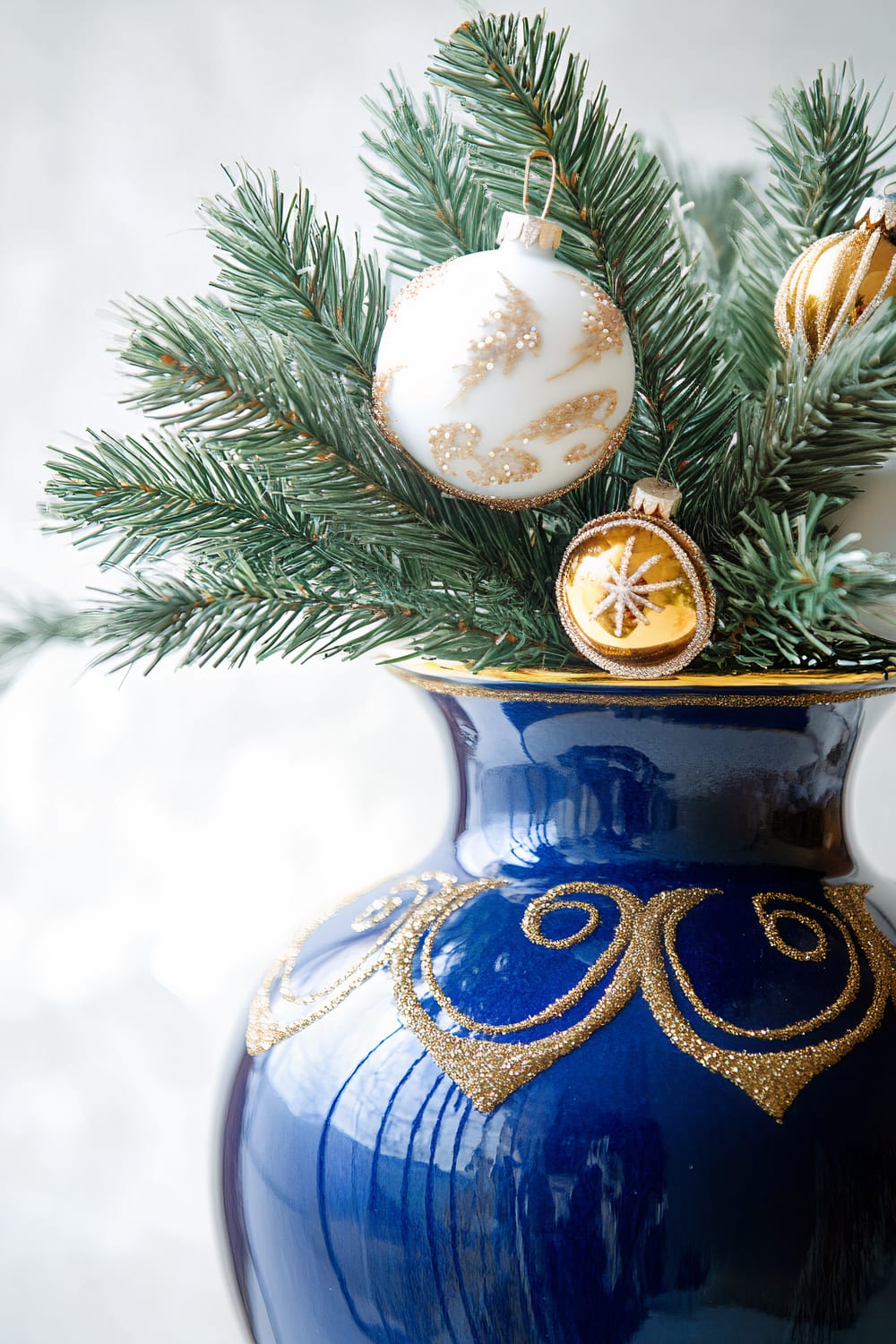 A vibrant close-up of a blue ceramic vase adorned with gold accents, holding a cluster of white Christmas ornaments and a single sprig of evergreen. The ornaments have gold glittery designs, and dramatic side lighting creates striking contrasts and deep shadows. The background is softly blurred in white tones.