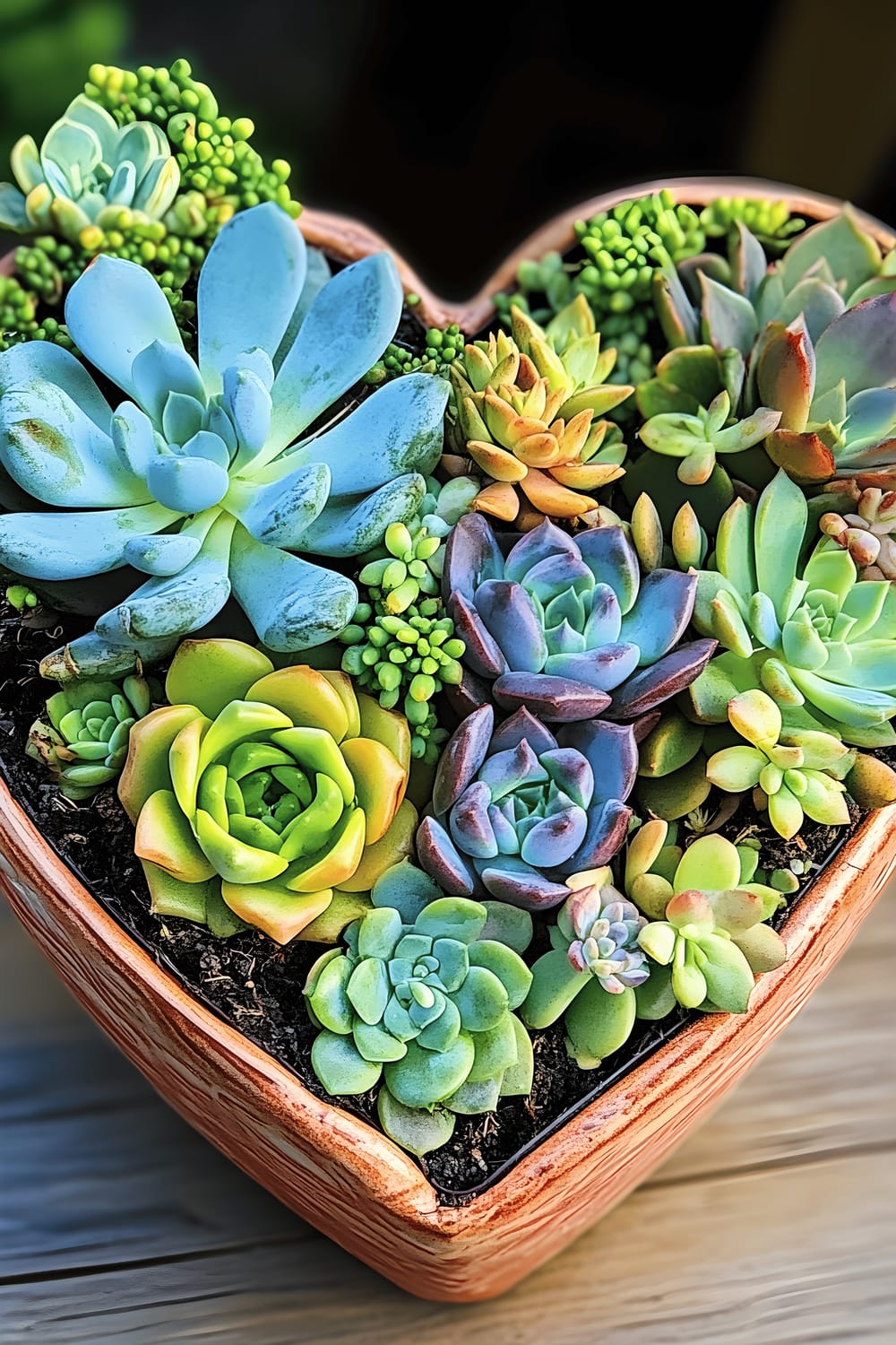 A collection of live succulents arranged in a ceramic heart-shaped planter. The succulents vary in types and colors from green to purple, creating a visually appealing variation in textures and hues. The background is a cool white, focusing attention on the vibrant planter.