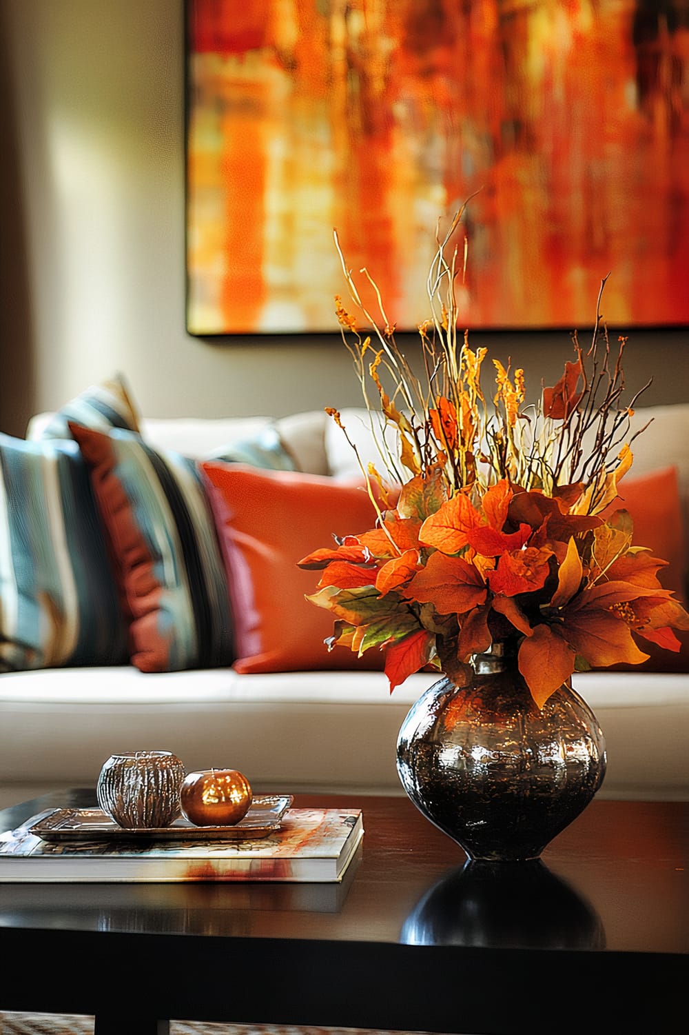 An artistic coffee table display features a metallic vase with an arrangement of fall-themed leaves and branches in bold orange and yellow hues. The vase is placed on a dark wooden coffee table along with decorative candles. In the background, there is a white sofa adorned with colorful striped and solid orange throw pillows, and a large abstract painting in matching fall colors hangs on the wall.