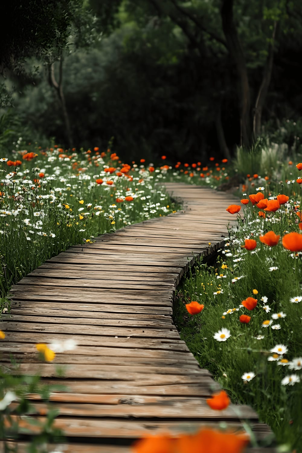 A picturesque image of a wooden boardwalk pathway meandering through a verdant meadow sprinkled with various wildflowers in full bloom, including prominent red poppies and white daisies. The undulating path and blossoming field create a harmony between manmade structure and natural serenity.