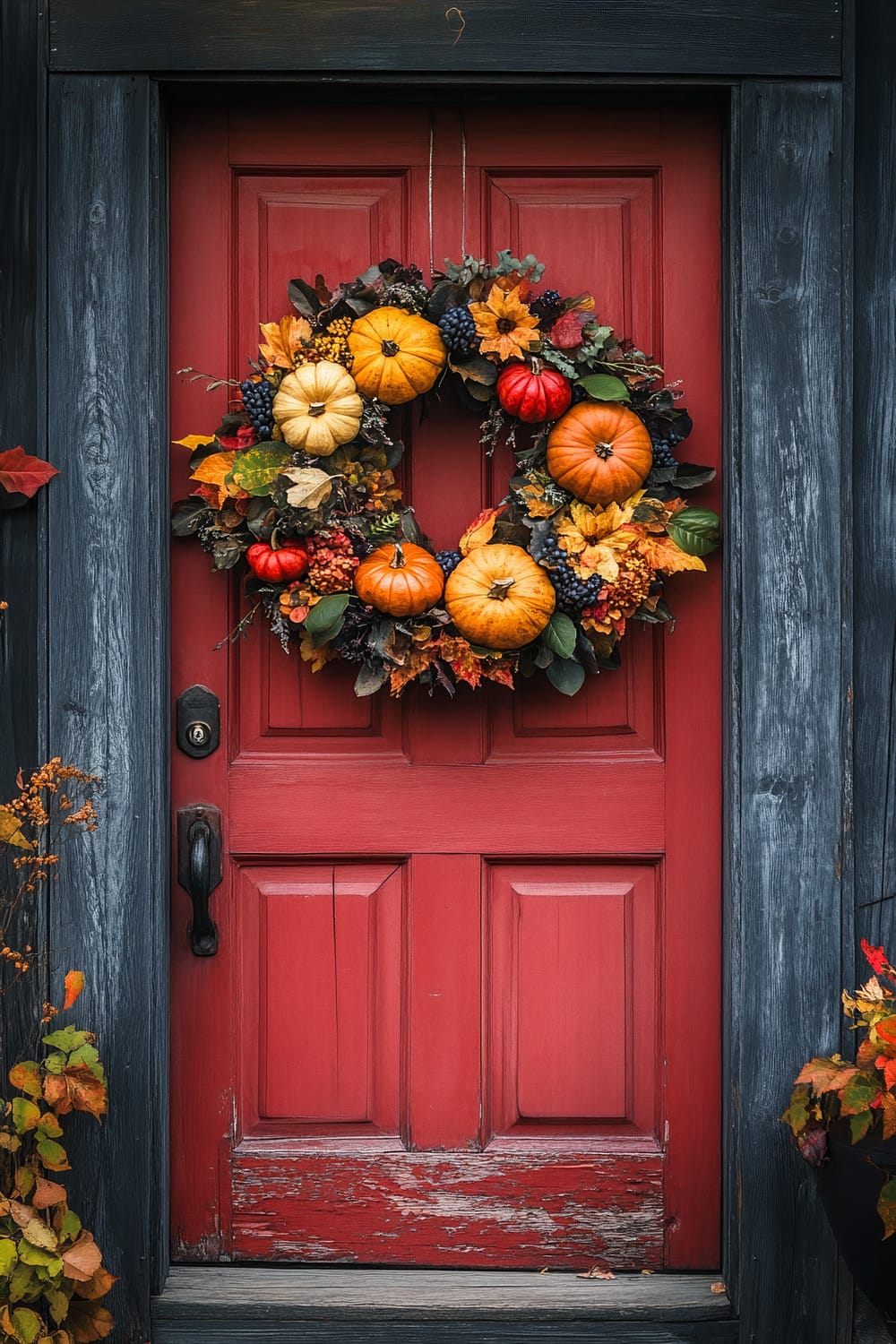 A vibrant autumn wreath adorns a rustic red wooden door. The wreath is richly decorated with small pumpkins, berries, leaves, and flowers in shades of orange, yellow, red, and dark purple. The door itself displays signs of weathering, adding character to the scene. The door frame is a dark, textured wood that contrasts with the bright red of the door. Fall foliage can be seen on either side of the door, enhancing the seasonal atmosphere.