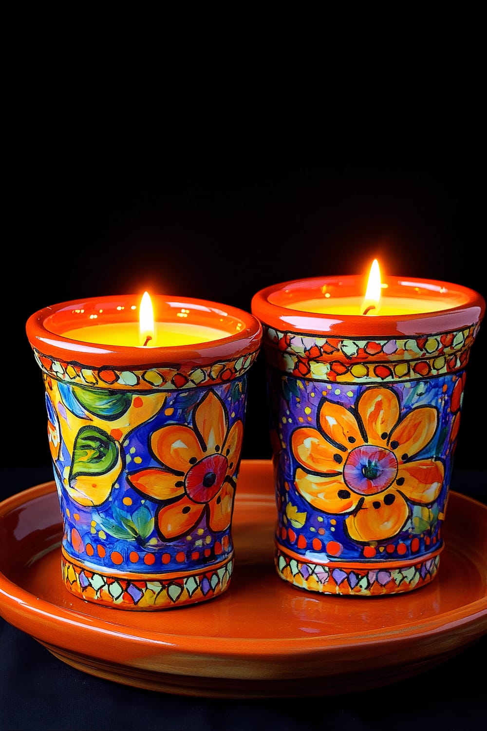 Two vibrant Talavera-painted clay pots transformed into candle lanterns, each with a lit candle inside. The pots are decorated with colorful floral designs, primarily in shades of blue, yellow, orange, and green. They are placed on an orange terracotta tray. The background is black, highlighting the warm, flickering light of the candles and the vivid colors of the pots.