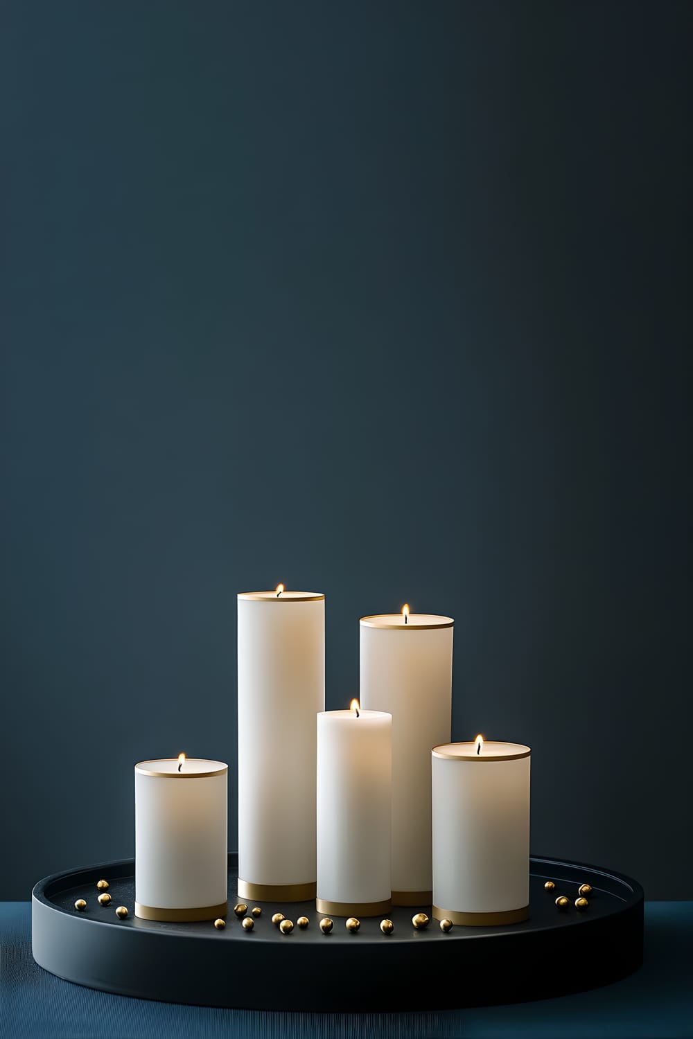 A composed still life image featuring seven white pillar candles of varying heights arranged symmetrically on a matte black tray. The candles, each accented with a slim golden base, are surrounded by evenly scattered small gold gemstones. The soft, subtle glow of the candlelight casts gentle shadows across the dark velvety midnight blue background.