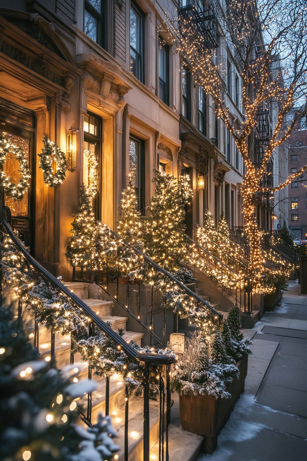 A row of New York brownstones is adorned with beautiful Christmas decorations, including white and amber string lights, wreaths, and festive garlands. Snow lightly dusts the ground and railings, creating a picturesque winter scene. The trees and bushes in front of the houses are illuminated, adding a warm glow that contrasts against the cool twilight sky.