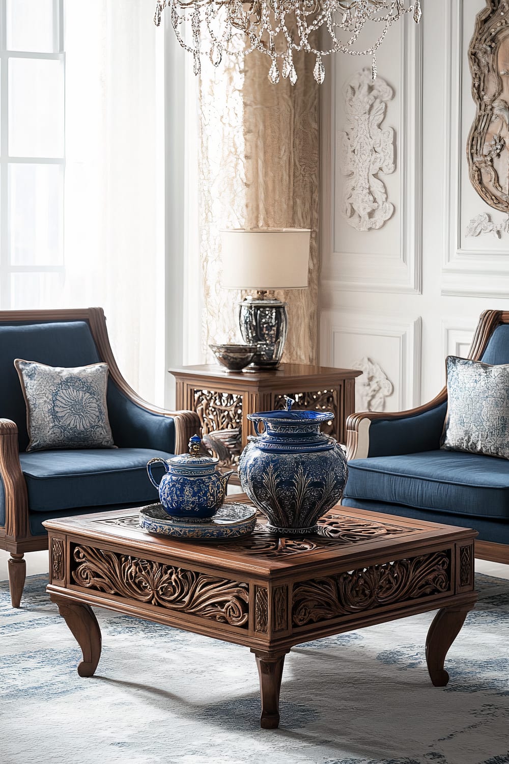 A refined living room with two elegant blue armchairs, an intricately carved wooden coffee table, and a statement ceramic vase on top. A stylish chandelier provides warm lighting, highlighting the crafted details and soft textures of the space.