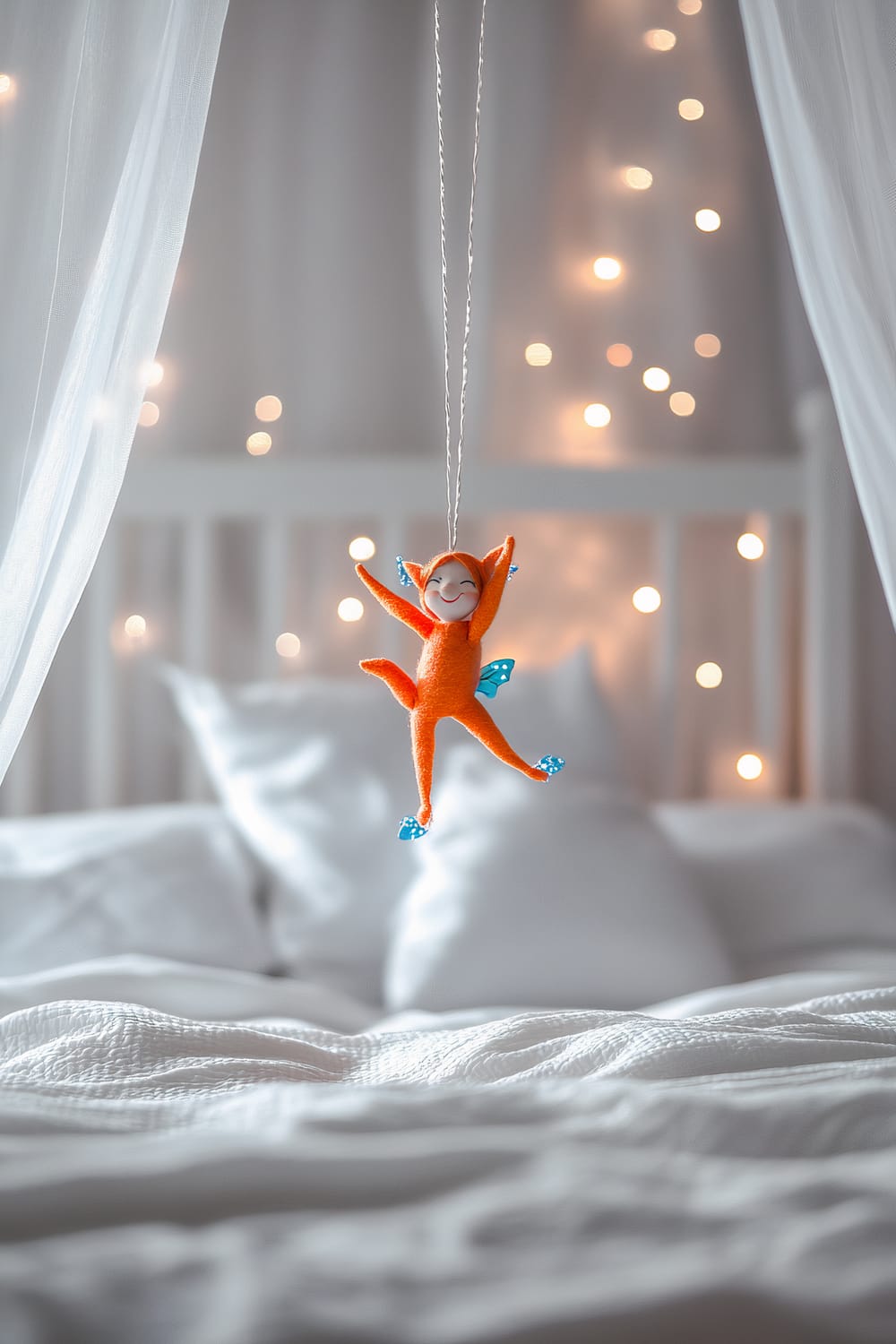 An orange elf figurine with a smiling face is hanging by a string from a white bedframe. The elf has blue decorative elements on its feet and back. The background consists of white bedding and is softly illuminated by warm fairy lights, creating a whimsical and serene atmosphere.