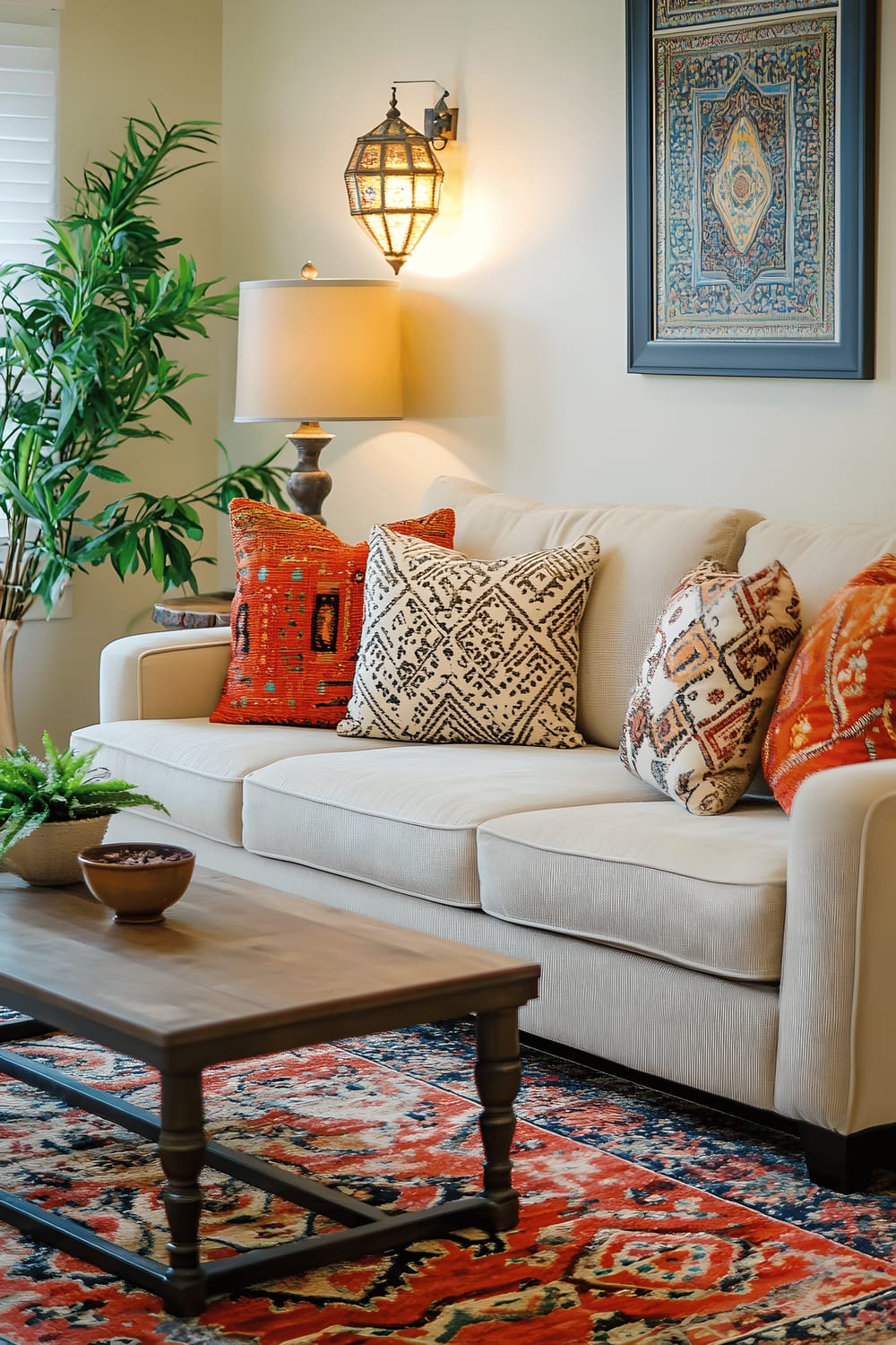 A relaxed and eclectic living room combining Moroccan and Scandinavian influences. The room includes a warm beige sofa adorned with multi-coloured patterned cushions, a handcrafted Moroccan rug, a minimalist wooden coffee table, bright lanterns, leafy indoor plants, and distinctive pieces of art. The space is brightened by both natural sunlight streaming in and soft ambient lighting fixtures.