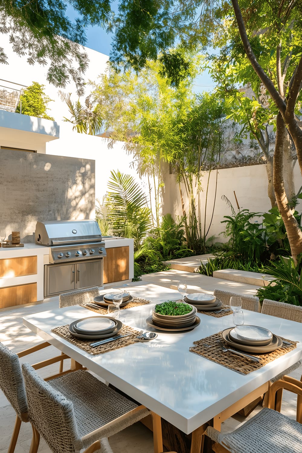 A stylishly designed outdoor space with a modern built-in grill and crisp white quartz countertops. An elegantly set dining table can be seen, complemented by verdant greenery encasing the entire patio area.