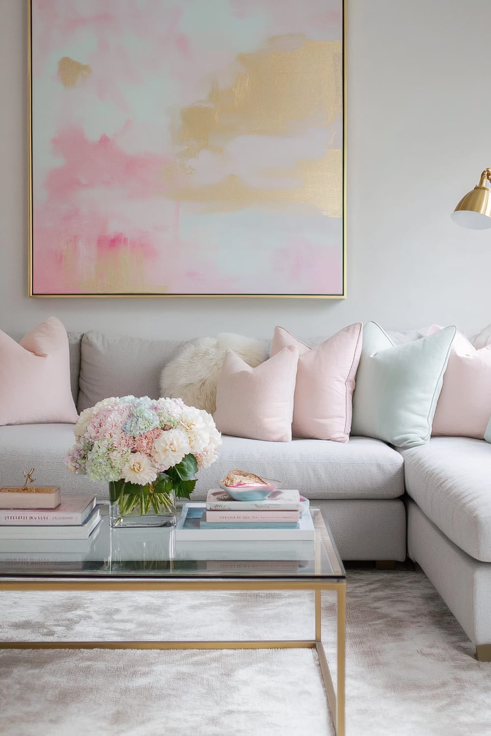 A chic and modern living room featuring a light gray sectional sofa adorned with pastel pillows in shades of mint, blush, and lavender. A large abstract painting in gold and soft pink tones serves as the focal point on the wall. A glass coffee table with gold legs holds fashion books and a bouquet of fresh flowers. The room is accentuated with a faux fur rug and a gold floor lamp.