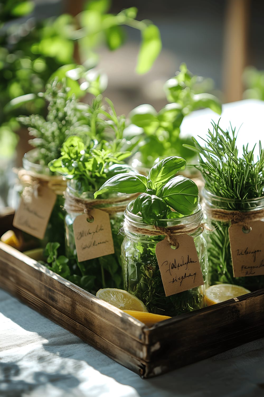 A charming DIY centerpiece on a kitchen table, composed of multiple vintage mason jars filled with different types of fresh herbs such as basil, rosemary, and mint. The jars are secured with burlap ribbons and have handwritten tags. They are displayed on a rustic wooden tray strewn with lemon slices and small ceramic pots. A light gray linen table runner underneath the ensemble highlights the setup under natural, soft overhead lighting.