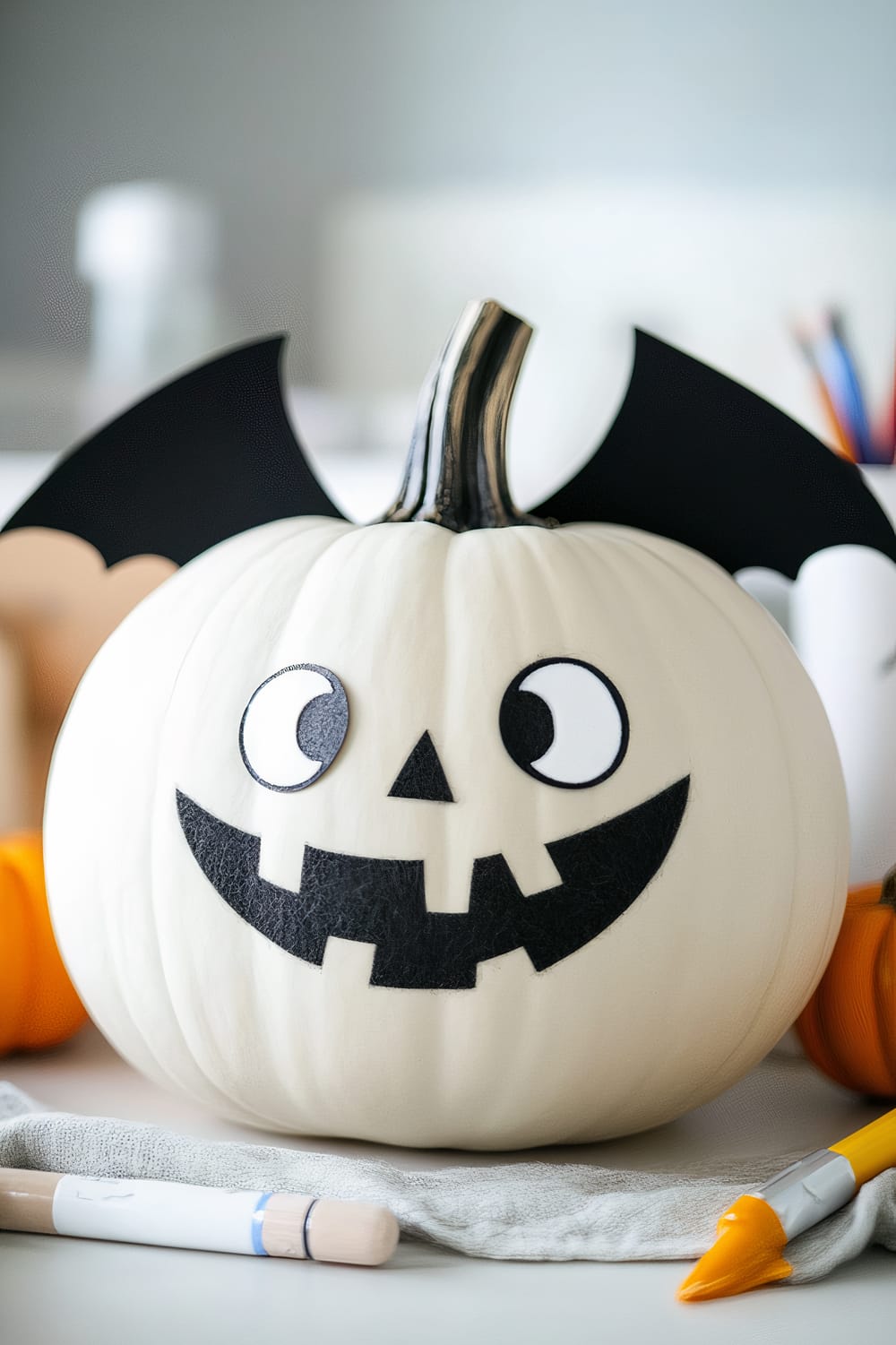 A white pumpkin decorated with cutouts to resemble a bat's face. The pumpkin features big round eyes with black pupils, a triangular nose, and a jagged, wide smile. Attached to its sides are black felt wings mimicking bat wings. The scene includes a grey cloth and art supplies, such as a marker and paintbrush, suggesting a crafty yet festive atmosphere.