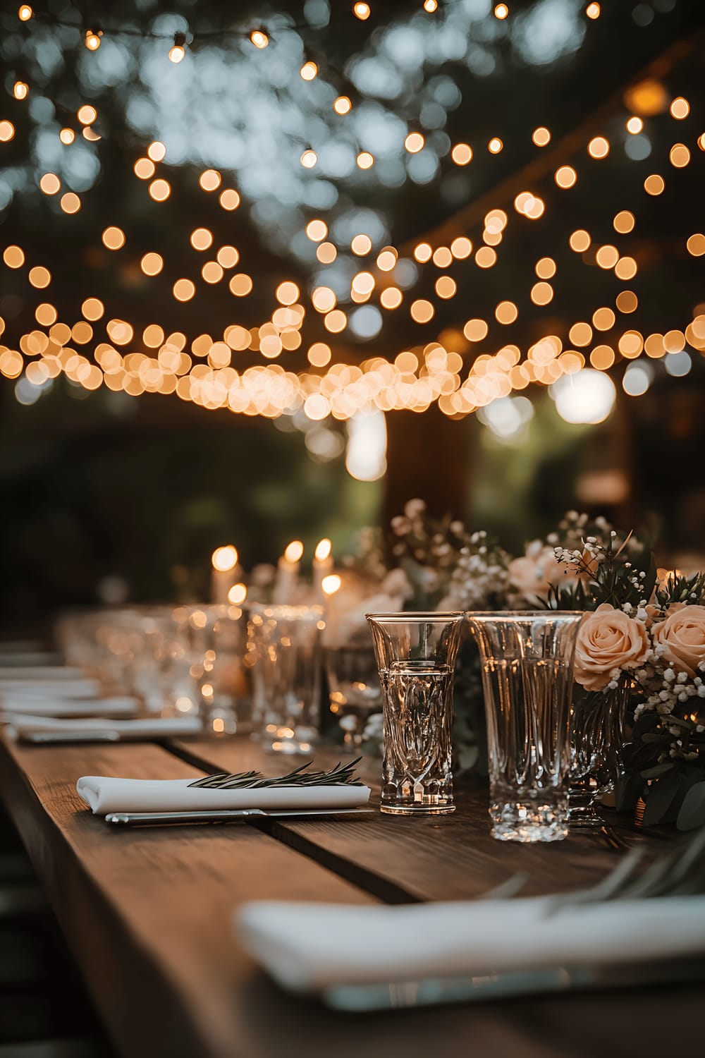 A spring wedding tablescape featuring long rustic wooden tables adorned with blush pink floral arrangements, vintage goblets, and soft white linen napkins, all under a canopy of twinkling fairy lights.