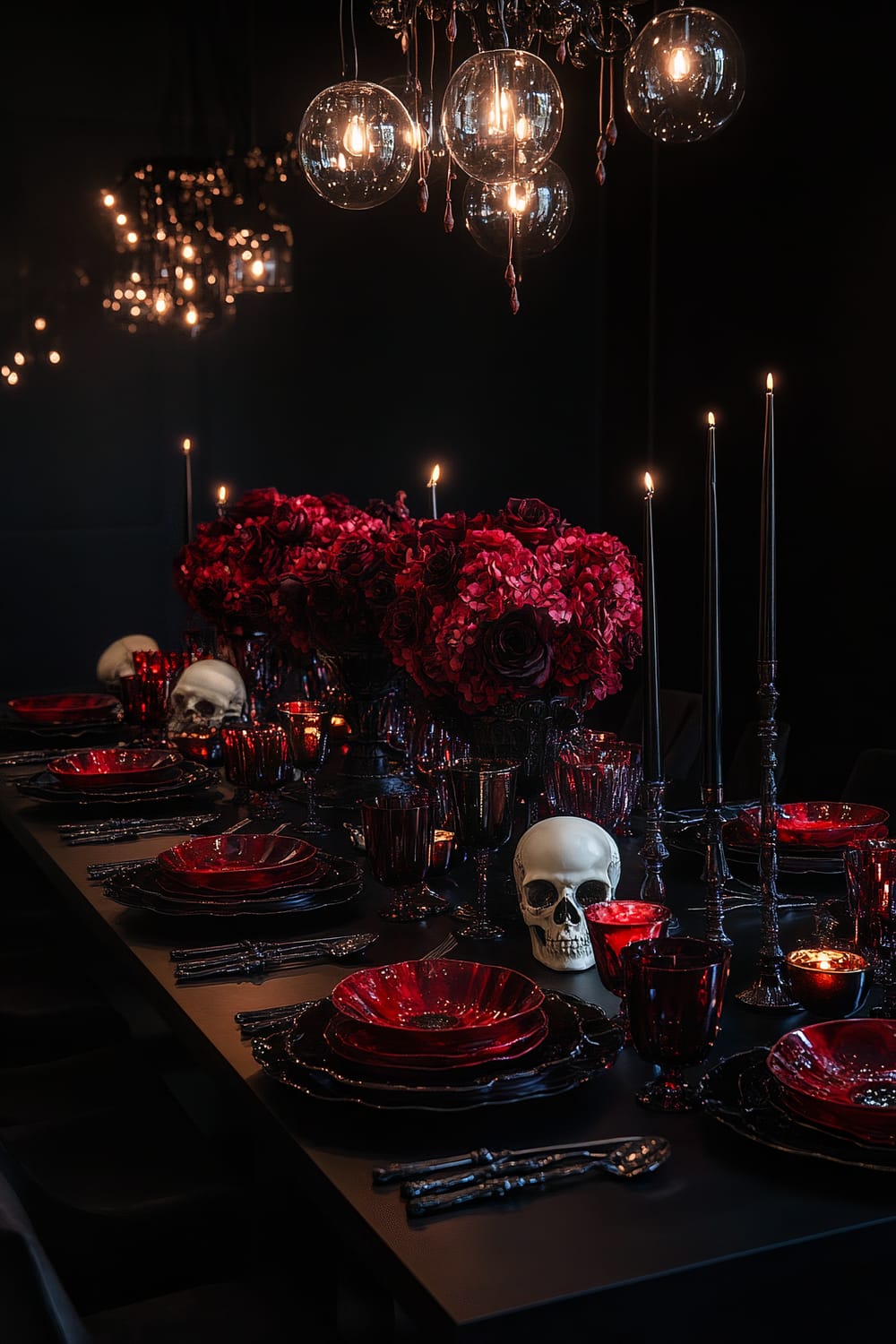 A dark, gothic-inspired dining room set for a Halloween feast. The long black table is adorned with elaborate candelabras, deep red and black tableware, striking skull centerpieces, and rich textures. The room features moody ambient lighting with hanging glass orbs and chandeliers, enhancing the opulent and bold Halloween decor.