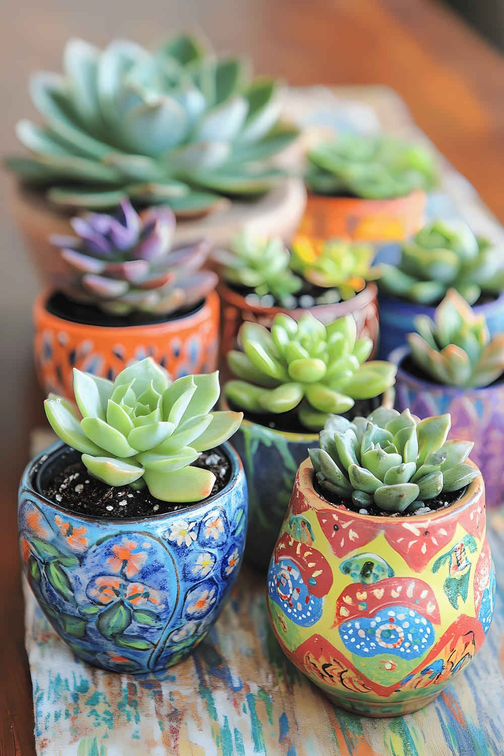 A kitchen table centerpiece comprised of small potted succulents surrounded by brightly painted stones arranged on a neutral table runner atop a reclaimed wood table.