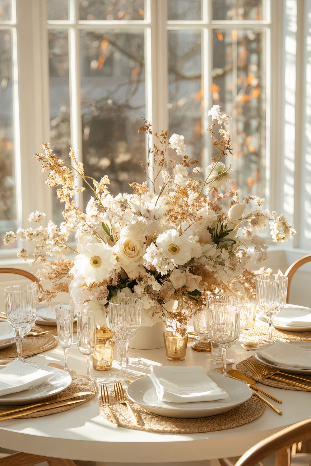 A sunlit dining table elegantly set for a meal. At the center of the table is a lavish floral arrangement featuring white and cream flowers, including roses, daisies, and delicate, dried foliage. Surrounding the centerpiece are white plates with neatly folded napkins, gold cutlery, and intricately designed crystal glasses. The table is set on round woven placemats, and several small golden votive candles are placed around the arrangement. The background reveals large windows with bright natural light streaming through, highlighting the autumnal scene outside.