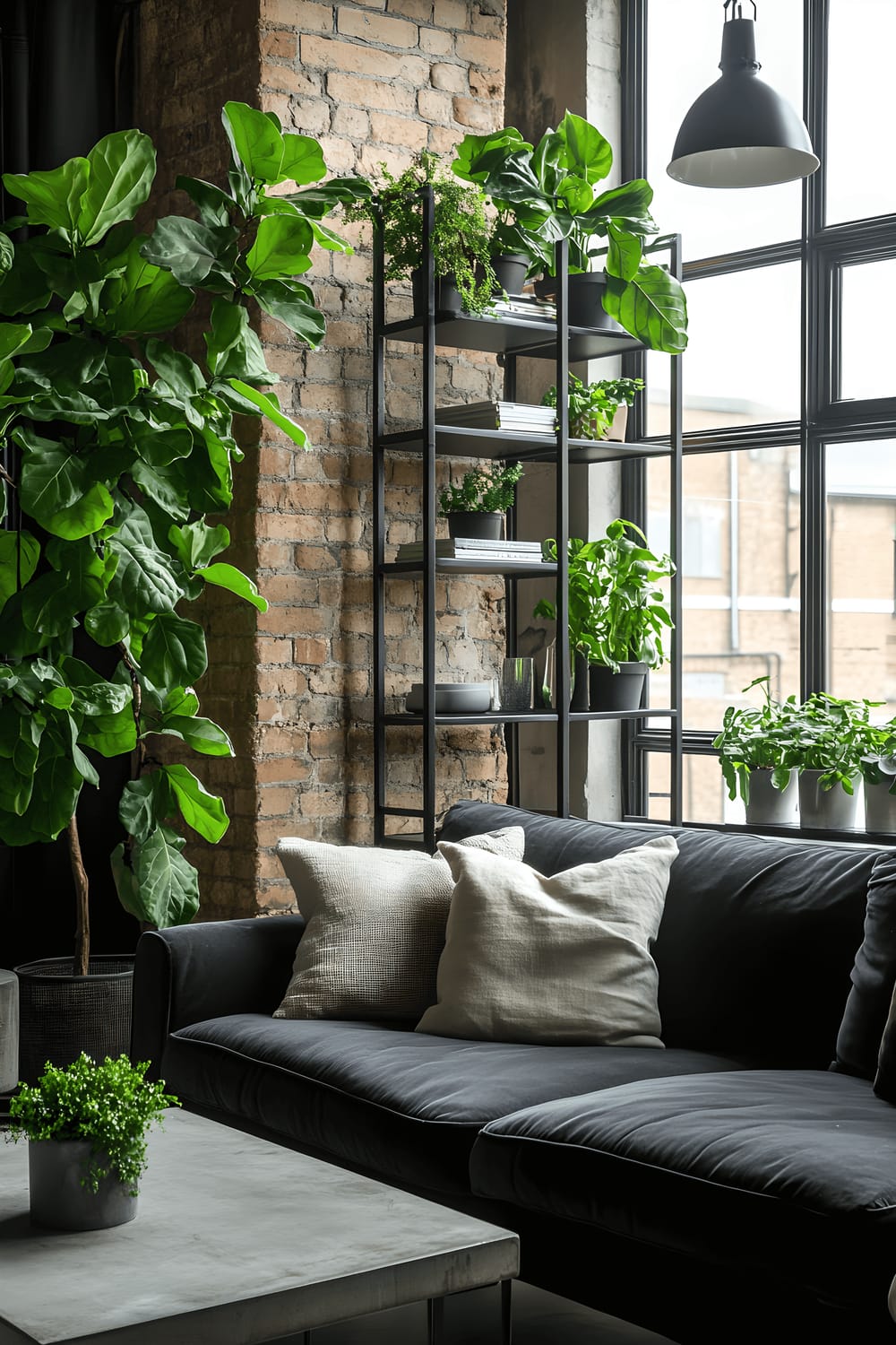 A vibrant and airy urban living room characterized by industrial design elements with an infusion of green oasis. The room hosts a chic black metal-framed sofa with plush, natural linen cushions. The center of the room is marked by a rough-hewn concrete coffee table mirroring industrial aesthetics. Adding life and color to the room, tall fiddle leaf fig trees stand with poise next to an industrial-style window while ivy plants artistically droop from modern metal shelving brackets. This curated collection of greenery lends a refreshing contrast to the room's predominating industrial elements. Warm light streams through large, metal-framed window panels illuminating the space, and a sleek metal floor lamp exudes soft illumination, intensifying the room’s lively ambiance.