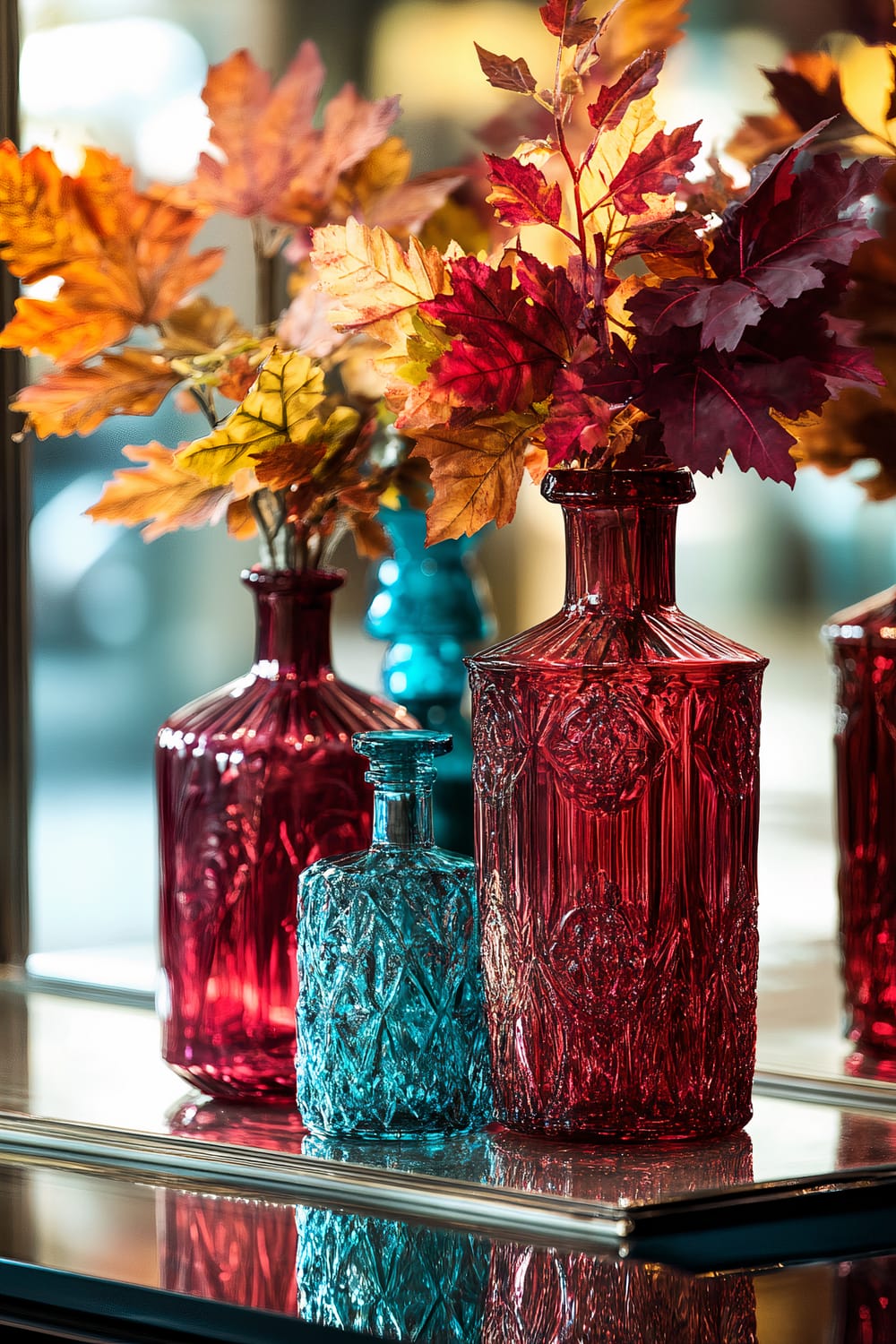 An arrangement of elegant deep red glassware, including decanters and vases, filled with autumn foliage in hues of red, orange, and yellow. The glassware is accented with a smaller turquoise piece, all set on a mirrored surface enhancing the vivid colors.