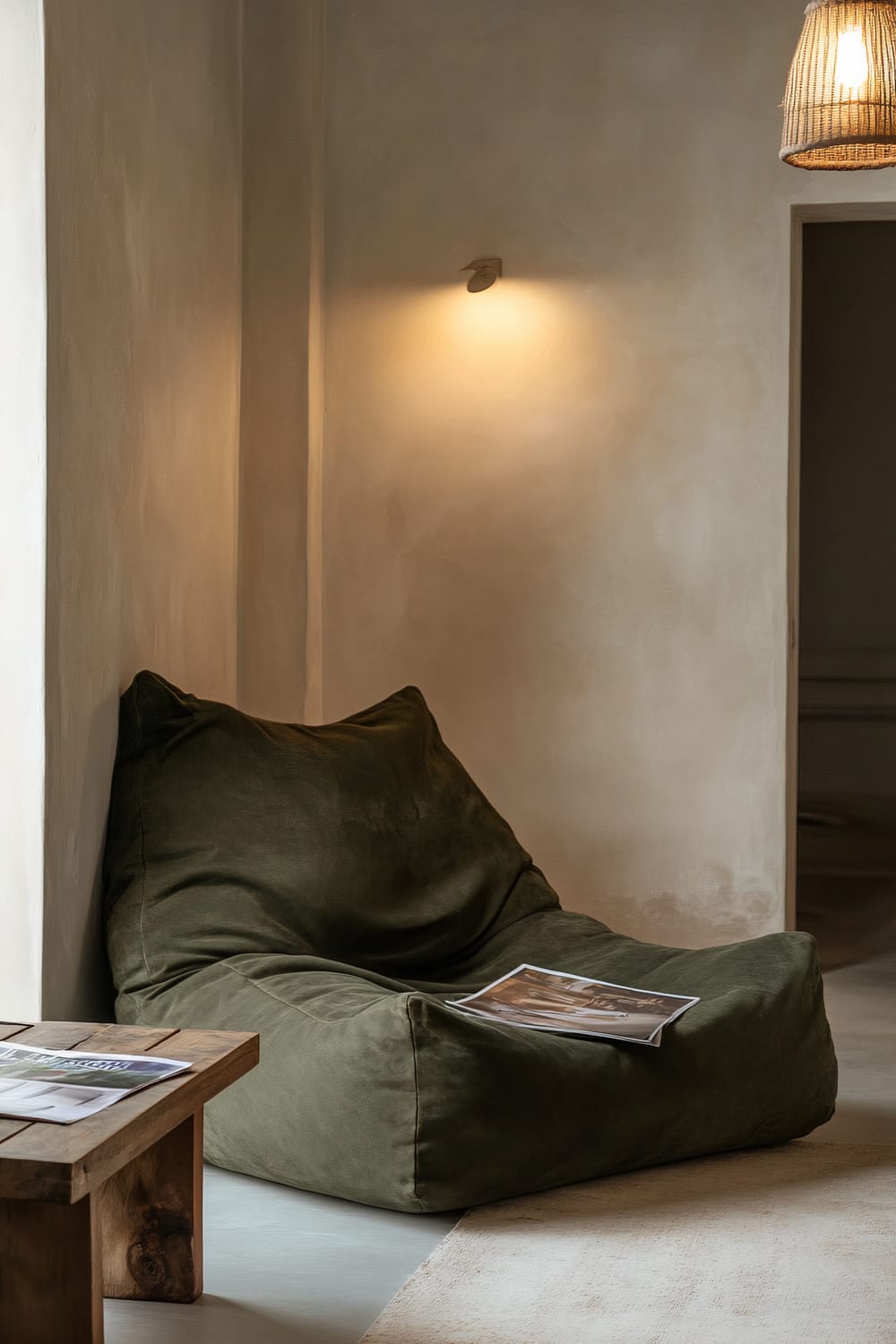 A room with muted beige walls featuring a dark green bean bag chair placed near a wooden coffee table. The coffee table holds a magazine. The room is softly lit by an ambient wall light and a hanging light fixture.