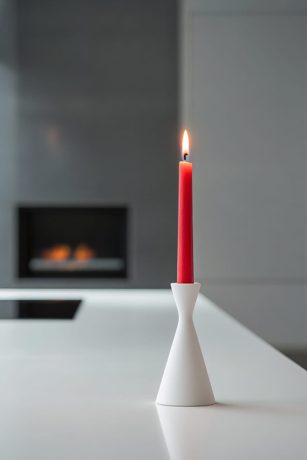 A minimalist kitchen in Tokyo featuring a white candle holder with a red candle on a sleek white countertop. The candle is lit, providing a bright flame. The background has a fireplace and clean lines with a grey and white color scheme.