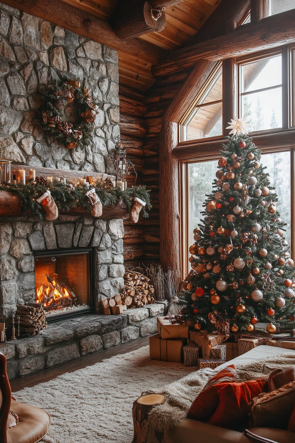 A warm, rustic living room showcasing a Christmas scene. Dominated by a large stone fireplace adorned with a wreath, garland, and stockings, the room features a brightly lit Christmas tree decorated with an array of gold and red ornaments. The wooden log walls emphasize the cabin feel, while the floor-to-ceiling windows offer a wintry view of the outdoors. A plush white rug covers the floor beside the plush couch, adding a touch of softness to the interior. Below the mantelpiece, a stack of firewood is neatly arranged beside the fireplace, which is aglow with a crackling fire.