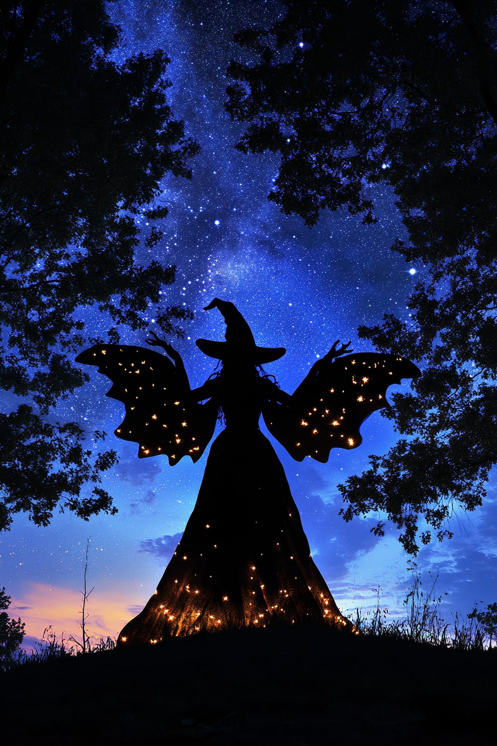 A large silhouette of a witch with outstretched wings is illuminated against a starry night sky. She is backlit by a soft, amber light that casts long shadows on the ground. The scene includes a few dark, silhouetted trees, emphasizing the witch as the focal point. The sky around her is a deep blue with hints of purple, creating a mystical and spooky ambiance.