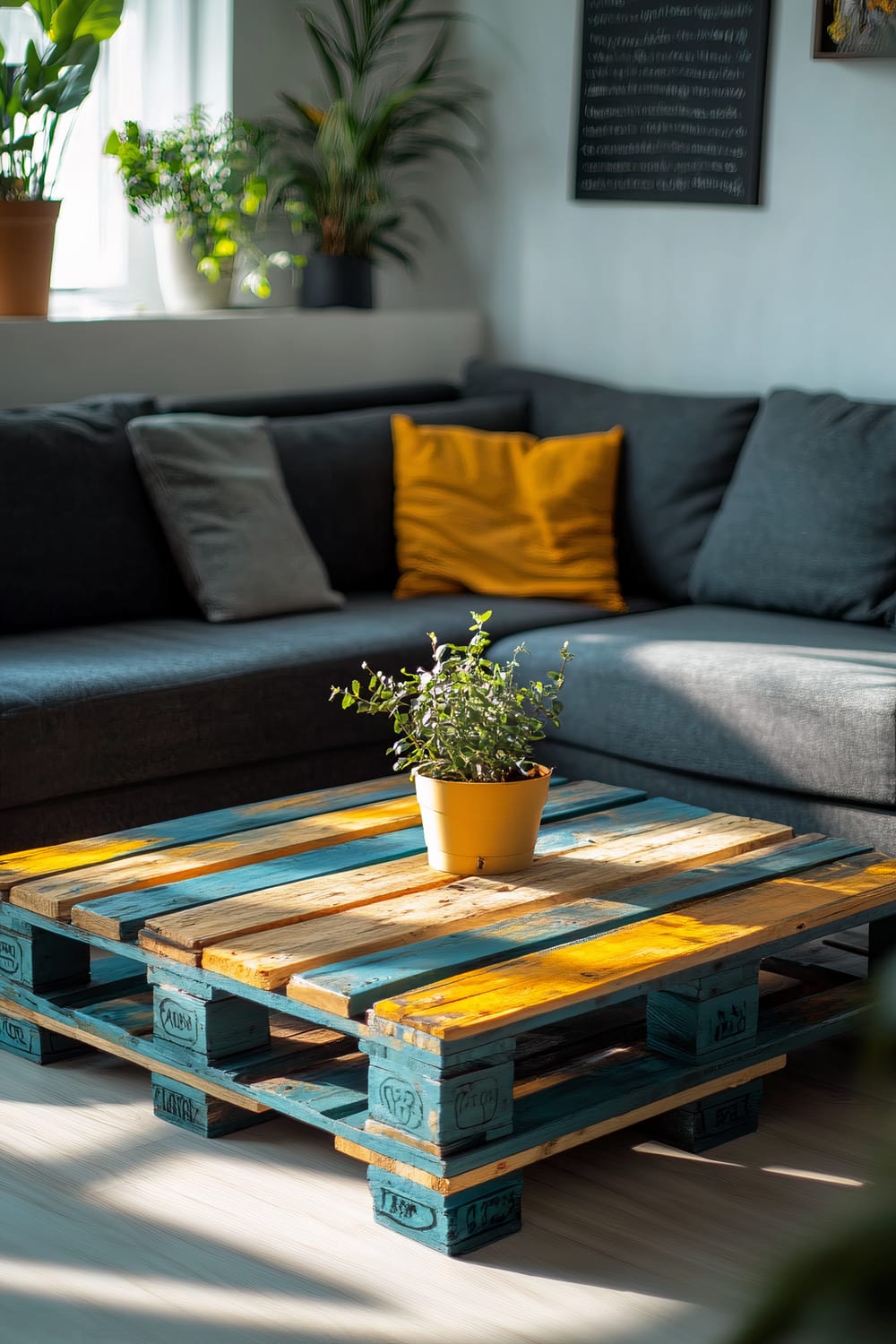 A modern living room featuring a dark grey sofa with a mustard yellow pillow and a handmade coffee table crafted from reclaimed wooden pallets. The table is painted in teal and mustard yellow, and a potted plant is placed on top. The room has minimalistic decor with potted plants on a windowsill and simple framed wall art in the background.