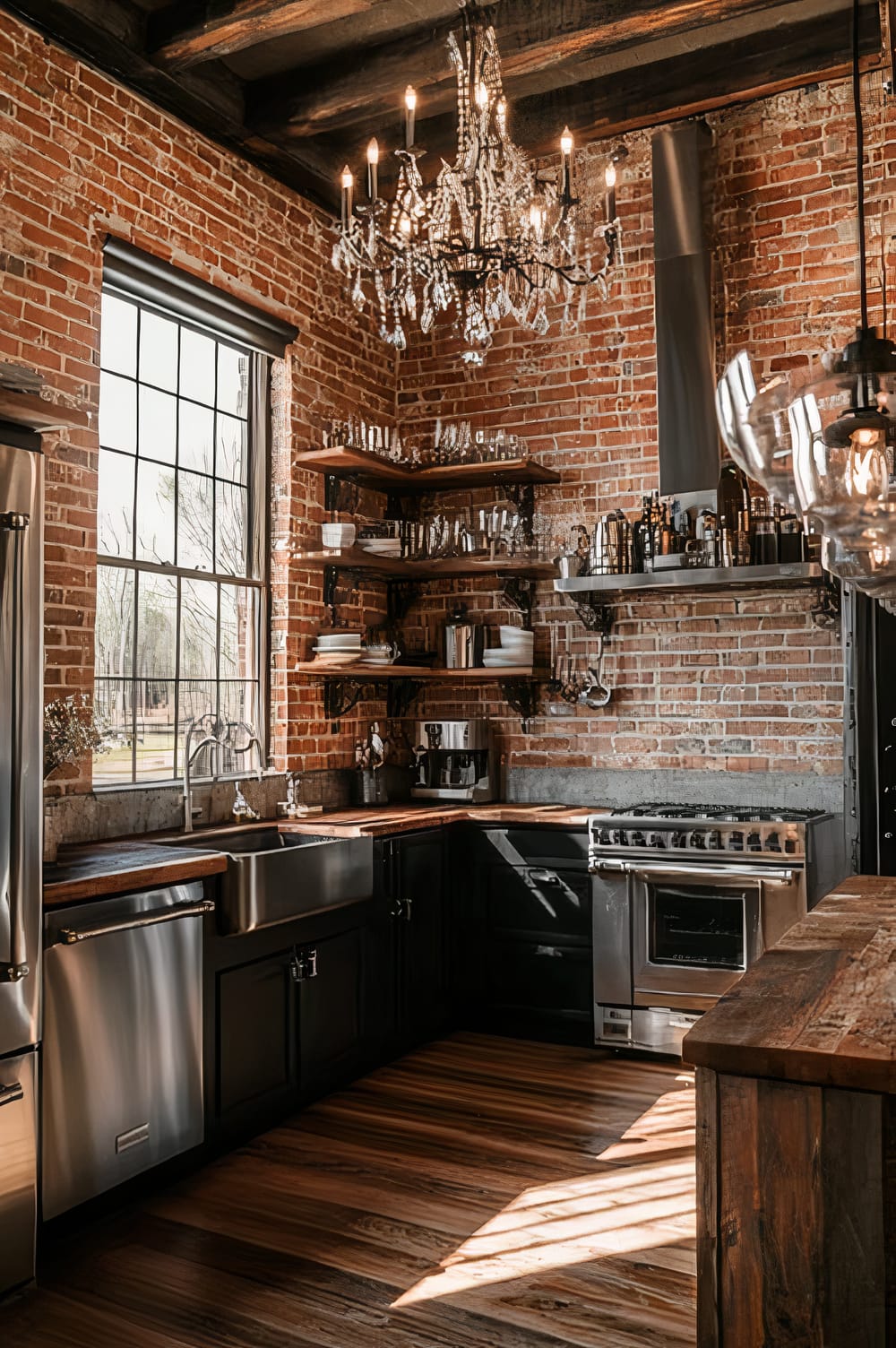 An industrial-style kitchen featuring exposed brick walls, wooden floors, and open shelves made of dark wood. The space is illuminated by a large crystal chandelier and natural light streams in through a large multi-pane window. Stainless steel appliances, including a refrigerator, dishwasher, and stove, complement the dark cabinetry and butcher block countertops. Numerous kitchenware items are organized on the shelves, and various bottles and tools are placed above the stovetop and on the counter.