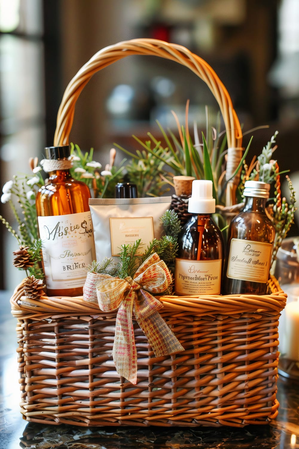 A wicker basket with a handle is adorned with various luxurious bath and body products. The basket contains three brown glass bottles, a silver tube, and a small square container, all with vintage-style labels. The basket is decorated with greenery, pinecones, and a ribbon bow, complementing the rustic aesthetic. The background is softly blurred, indicating an indoor setting with warm ambient lighting and hints of additional decor.