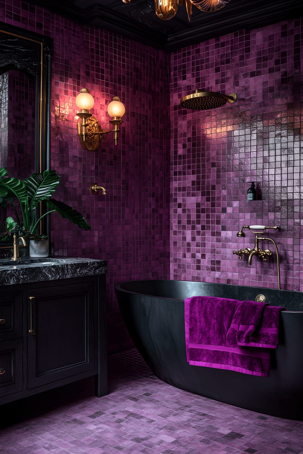 A luxurious bathroom featuring a freestanding matte black marble bathtub positioned against a wall of magenta ceramic tiles. Adjacent to the bathtub is a charcoal gray vanity topped with neatly folded royal purple satin towels and accented with gold leafed brass fixtures. The room is stirred with a warm ambiance from the soft glow of gold lamps, and a singular emerald green potted plant provides a succinct touch of nature to the opulent space.