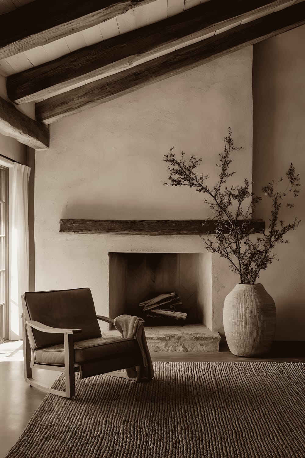 A minimalist living room in a rustic cabin, showing exposed wooden beams on the ceiling, a stone fireplace on one wall, a simple dark brown leather armchair positioned diagonally next to it with a tan colored woven rug underneath. A green Silver Dollar Eucalyptus leans from the right corner towards the center inside a large vase which sits on the side of the room. The room is softly lit, creating a serene and uncluttered atmosphere.