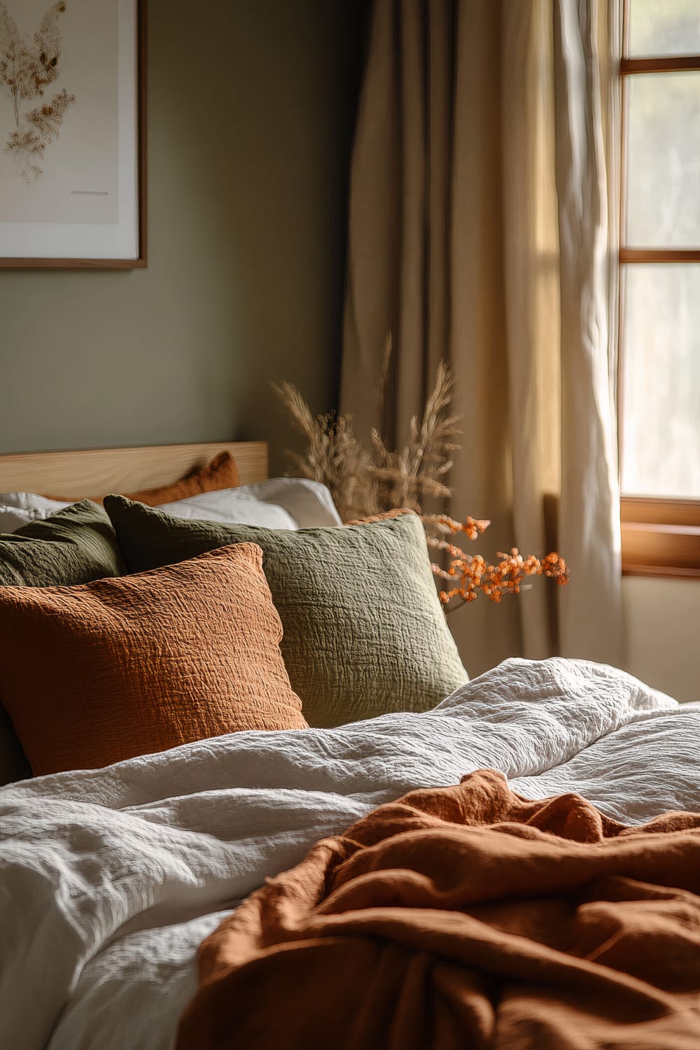 Sunlit bedroom with a modern aesthetic, featuring a bed adorned with textured pillows in earthy tones of green and rust-orange, complemented by soft, white linens. A window with beige curtains allows warm natural light to fill the room, accentuating the dried floral arrangement and framed botanical artwork on the sage-green wall.