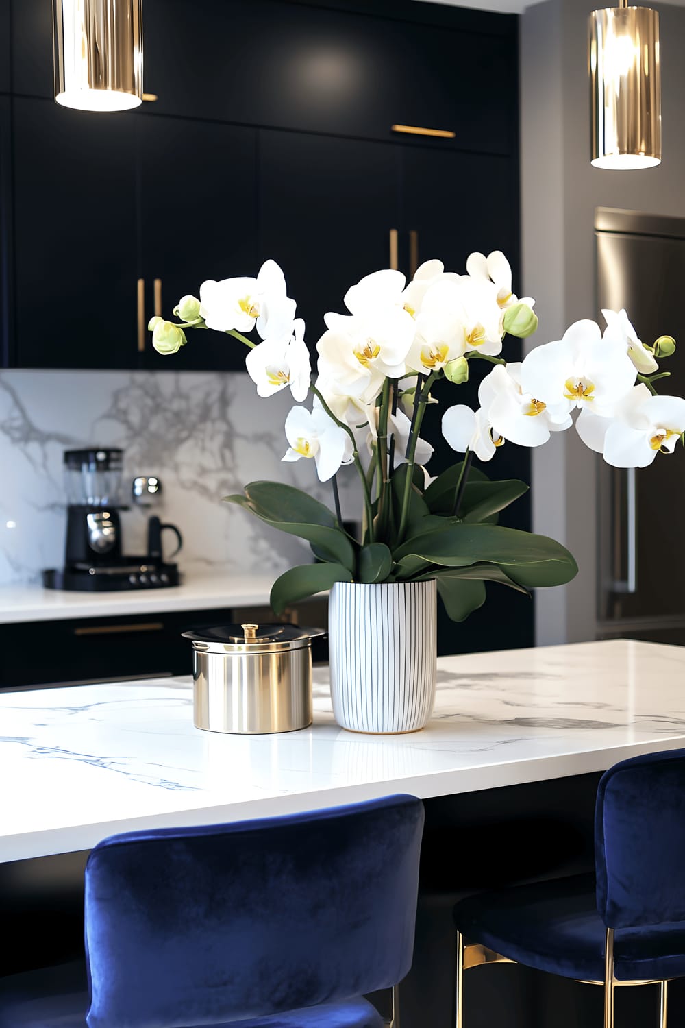 A modern kitchen with a sleek design featuring matte black cabinetry and a white marble backsplash. A kitchen island filled with high-end steel appliances and topped with polished quartz stands in the middle, surrounded by brass bar stools with navy cushions. Above the island hang geometric pendant lights. On the countertop sits a vase of fresh white orchids and neatly arranged glossy white ceramic canisters are mounted on open shelves.