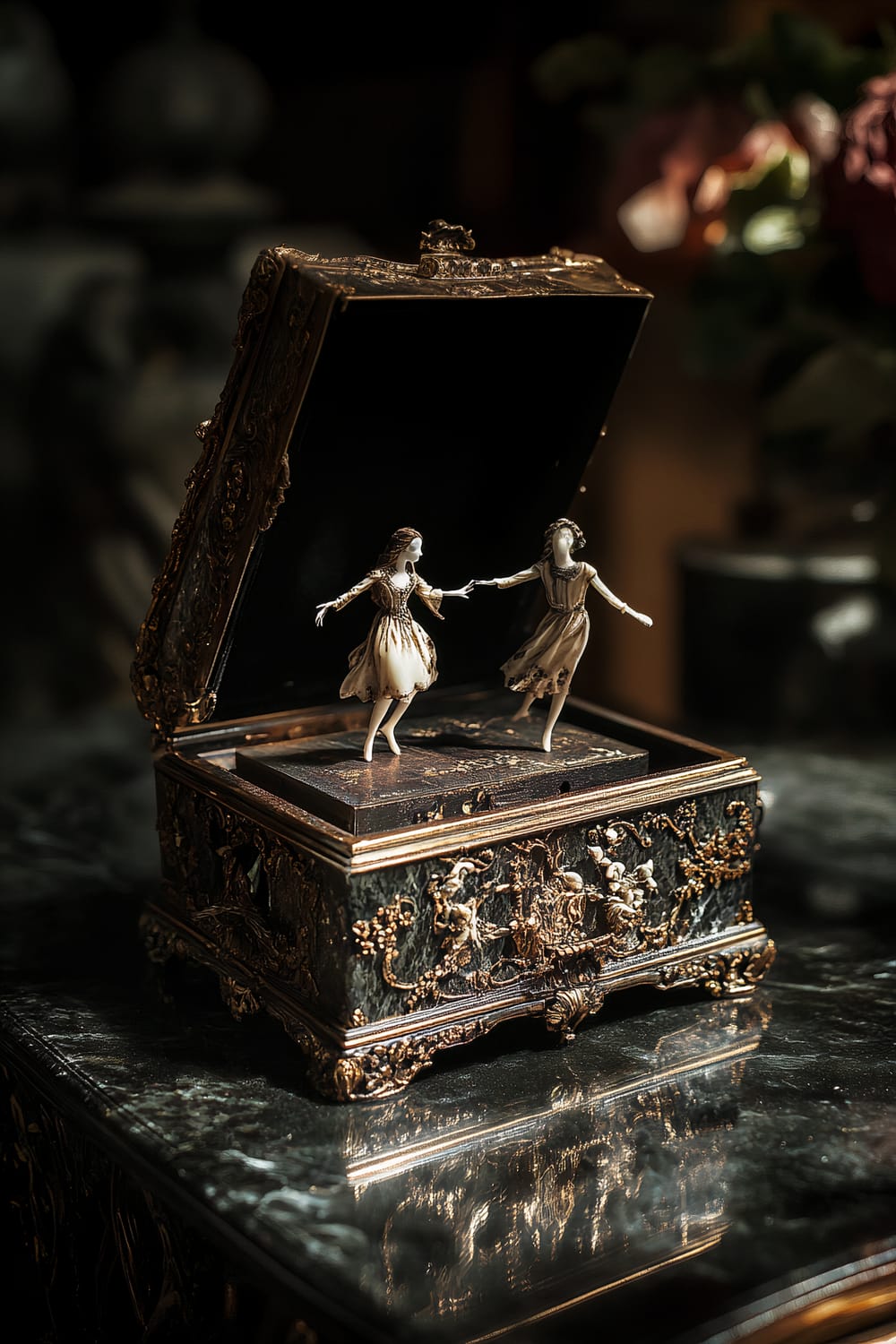 A close-up of a luxurious, intricately designed music box set on a dark marble surface. The box is open, revealing ghostly figurines of ballet dancers in mid-dance. The music box is surrounded by subtle dark floral accents and antique decor. A dramatic spotlight highlights the eerie movement of the figures, creating a posh and mysterious Halloween ambiance.