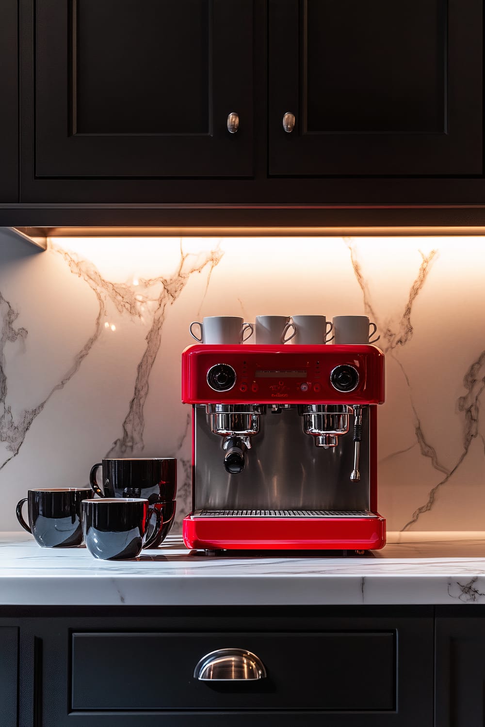 A sleek coffee bar setup featuring a vibrant red espresso machine centered on a minimalist marble countertop with black cabinetry. The machine is accompanied by black and white ceramic mugs, and the area is illuminated by overhead lighting, highlighting a marble backsplash in the background.