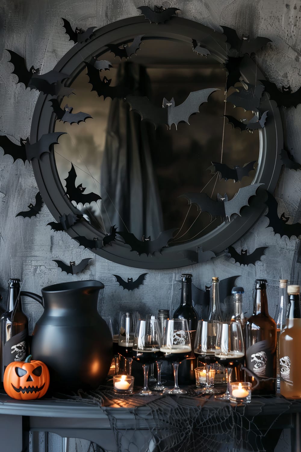 A Halloween-themed setup featuring a round mirror adorned with black paper bats on a textured gray wall. Below the mirror is a table with a black ceramic pitcher, several wine glasses filled with dark liquid, various bottles, and lit candles. A small illuminated jack-o'-lantern sits on the corner of the table, which is covered with a black cobweb cloth.