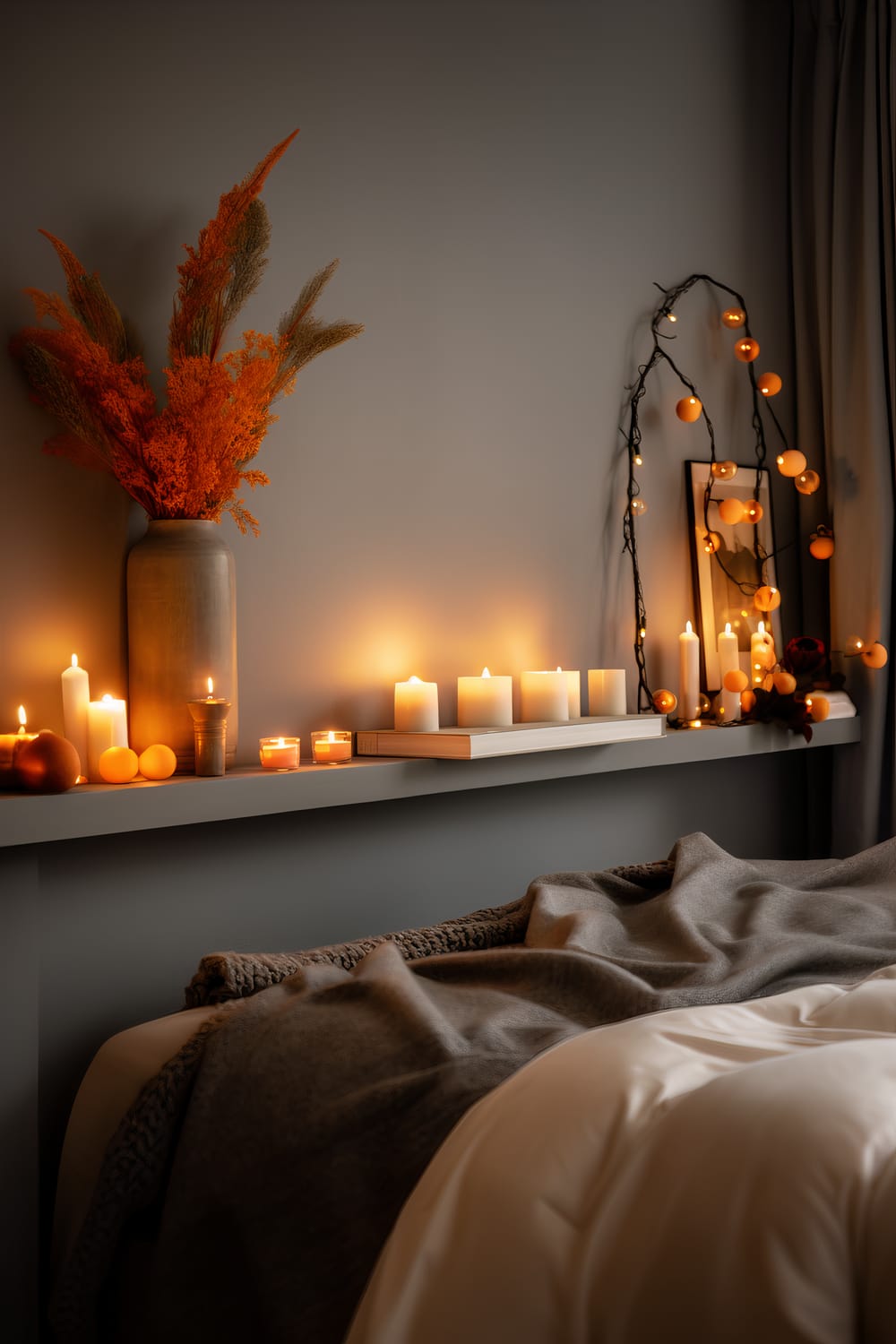 An intimate bedroom setting features a shelf adorned with numerous lit candles of varying sizes, casting a warm amber glow throughout the room. A mix of orange and gold string lights drape softly around a framed piece of art, adding whimsicality. A tall ceramic vase filled with dried orange flowers provides a vibrant accent against the muted gray wall. The edge of a bed, covered in a cozy gray blanket, is visible in the foreground.