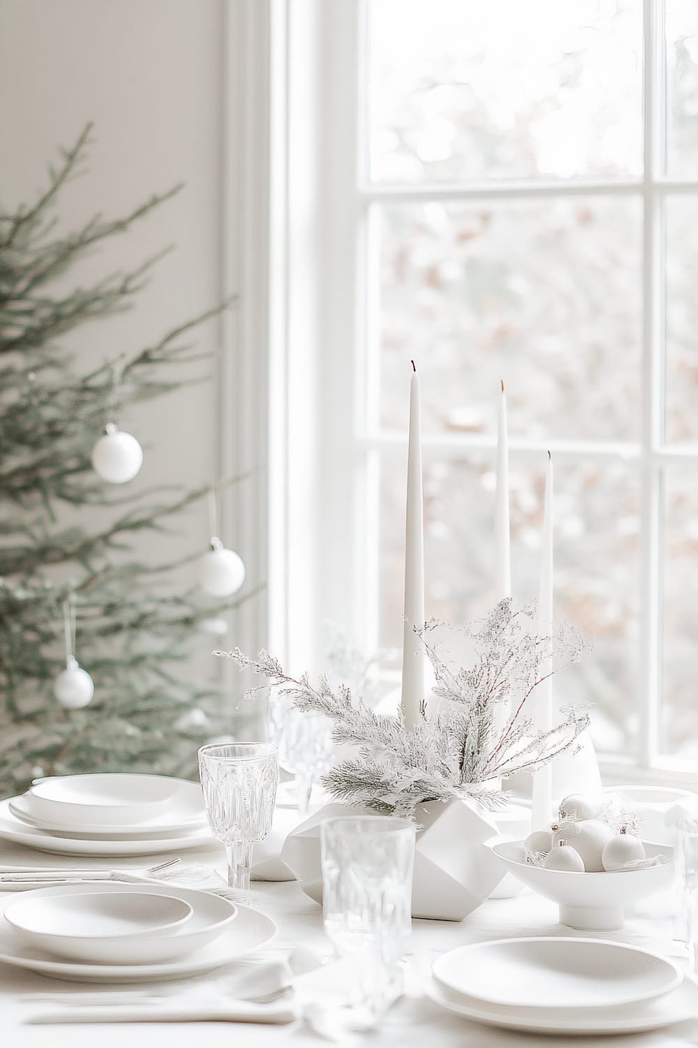 A minimalist white Christmas dinner setup featuring a modern white dining table with clean lines. The table is adorned with white ceramic plates, simple white glassware, monochromatic silver utensils, and geometric white candle holders. Subtle white greenery serves as the centerpiece, with a bowl of white ornaments adding to the festive decor. Natural light filters through large windows, illuminating the scene and creating an airy, contemporary elegance. A Christmas tree decorated with white ornaments is visible in the background.