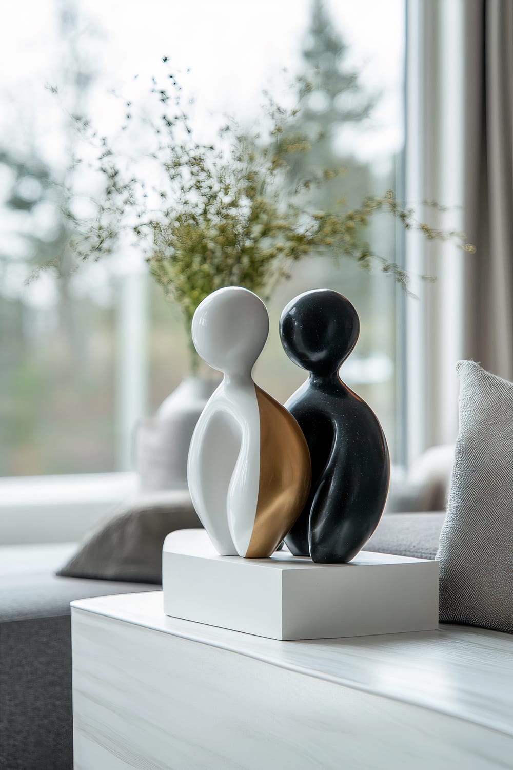 A pair of minimalist, abstract decorative figurines in matte black, white, and gold colors are displayed on a sleek white base. They are placed on a white surface, with a gray sofa and a vase filled with greenery visible in the background. Large windows allow natural light to flood the room, highlighting the clean and modern aesthetic of the space.