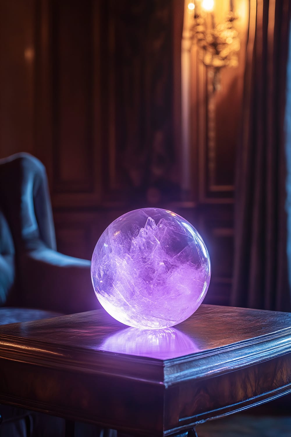 A large, flawless crystal orb emitting a soft, ethereal purple glow sits on a polished dark wood table in a lavish, dimly lit room with rich wood paneling and velvet curtains. A shadowy corner reveals a barely visible haunted doll on an elegant armchair, contributing to the eerie yet sophisticated atmosphere.