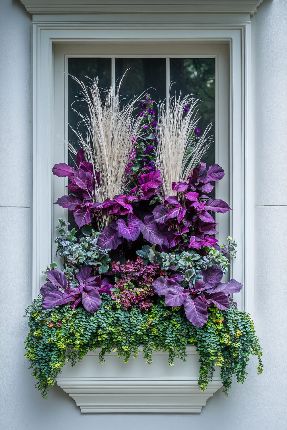 A window box arrangement display on a white wall features a cascading assortment of vibrant plants. The centerpiece is adorned with tall, wispy pampas grass flanked by lush, deep purple leaves and blossoms. Below, a dense mix of green foliage spills over the edges, interspersed with touches of contrasting variegated greens and purples, creating a rich, layered look.